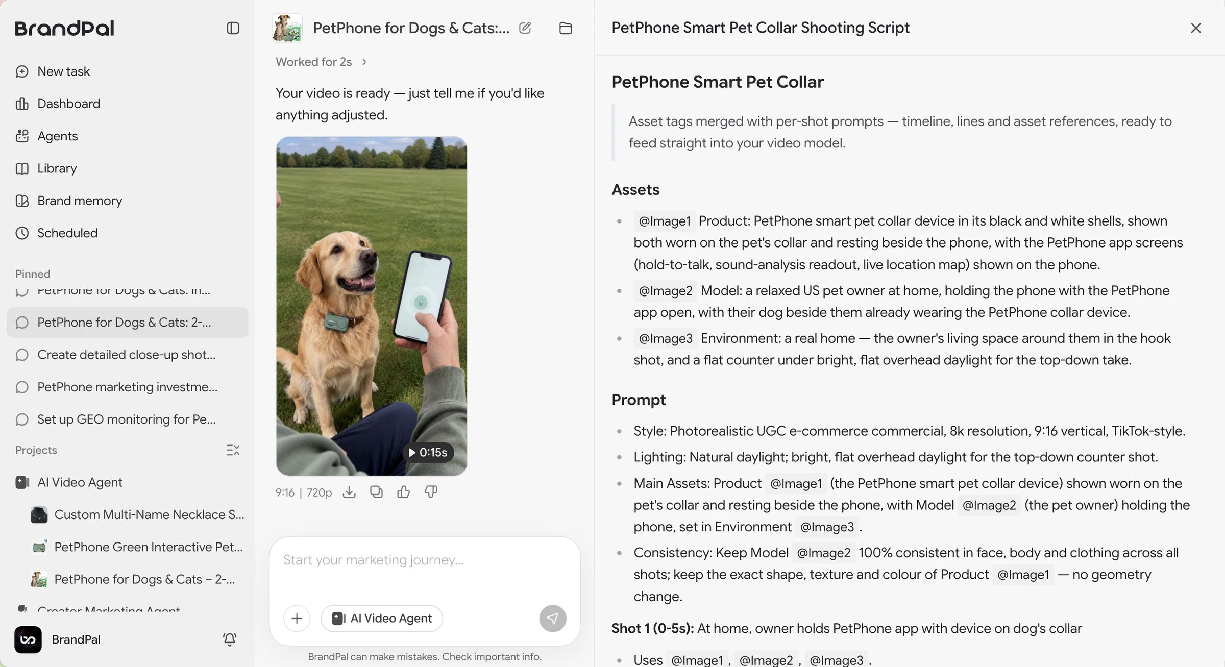 BrandPal AI Video Agent showing a generated PetPhone video and its shot script