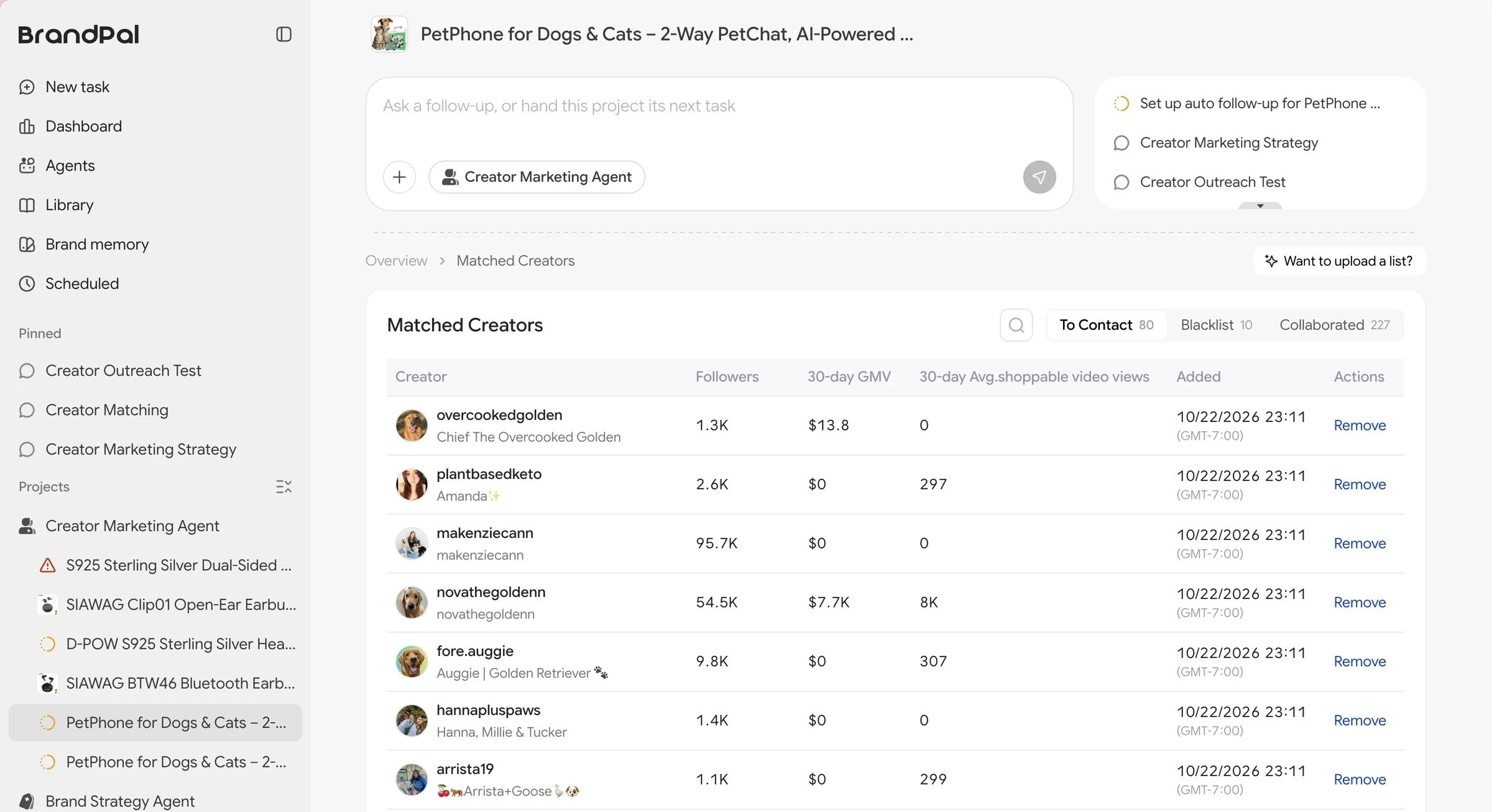 BrandPal Creator Marketing Agent showing matched creators for PetPhone