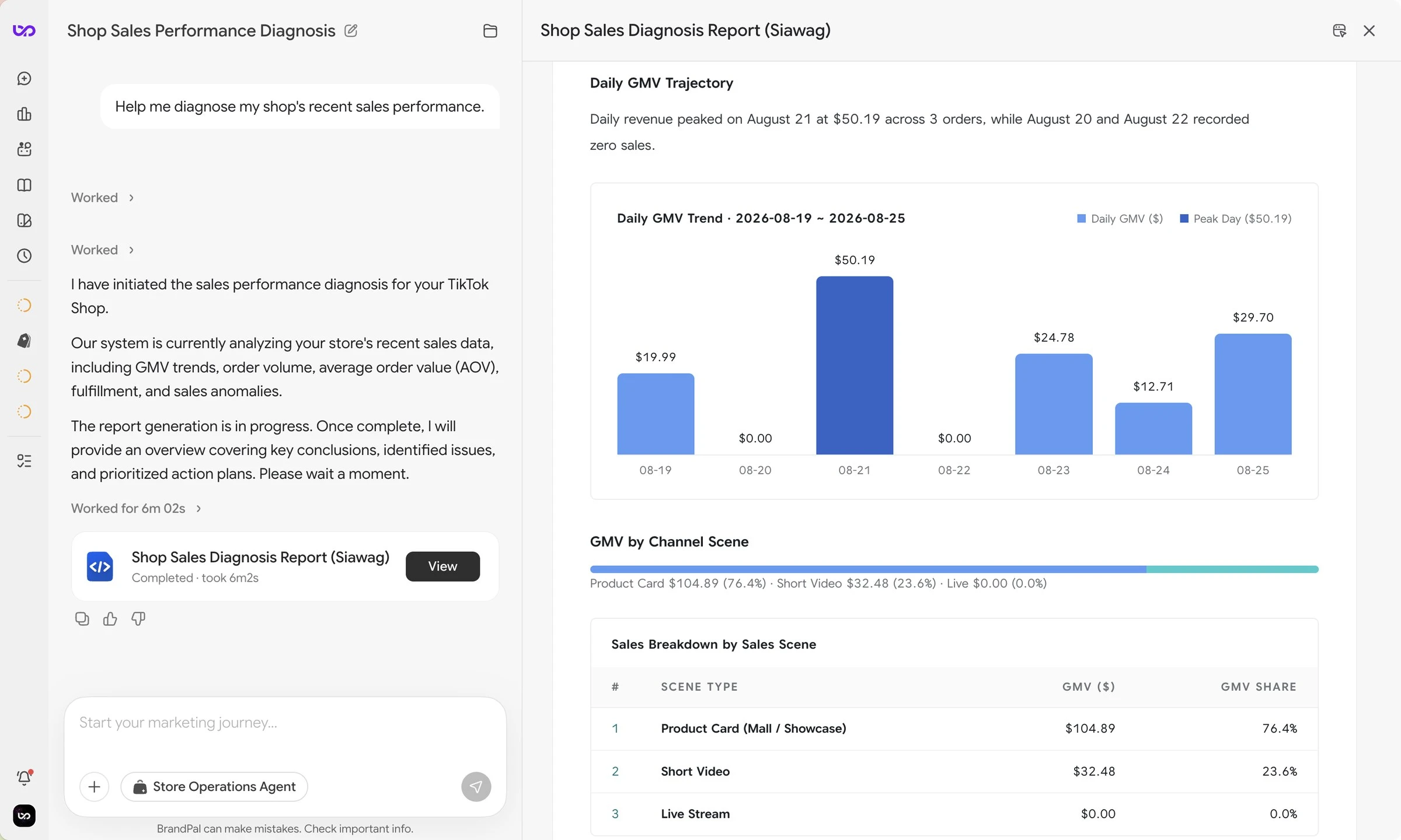 BrandPal shop sales diagnosis report with daily GMV trend and sales by channel