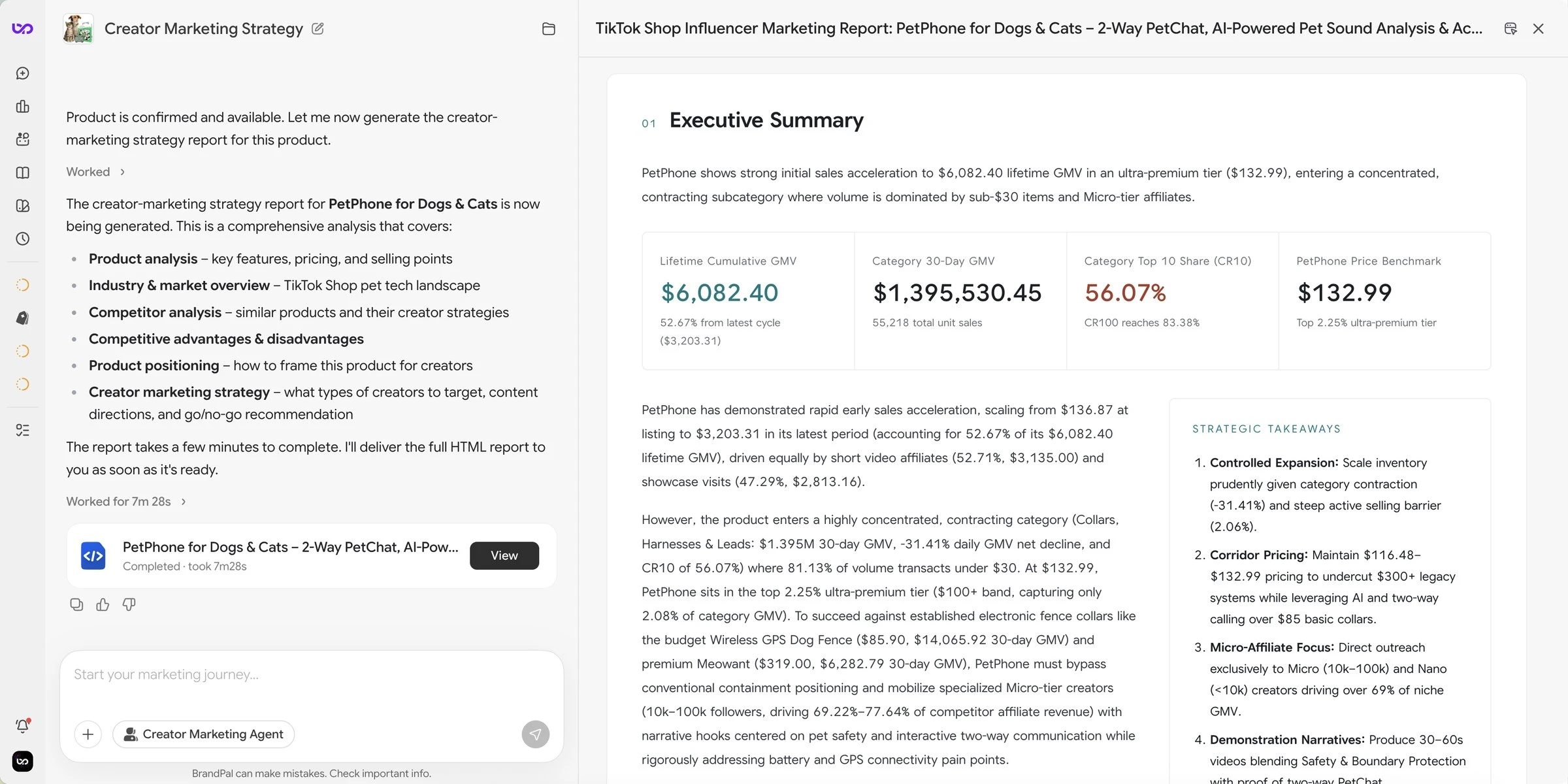 BrandPal Creator Marketing Strategy conversation and PetPhone market research report