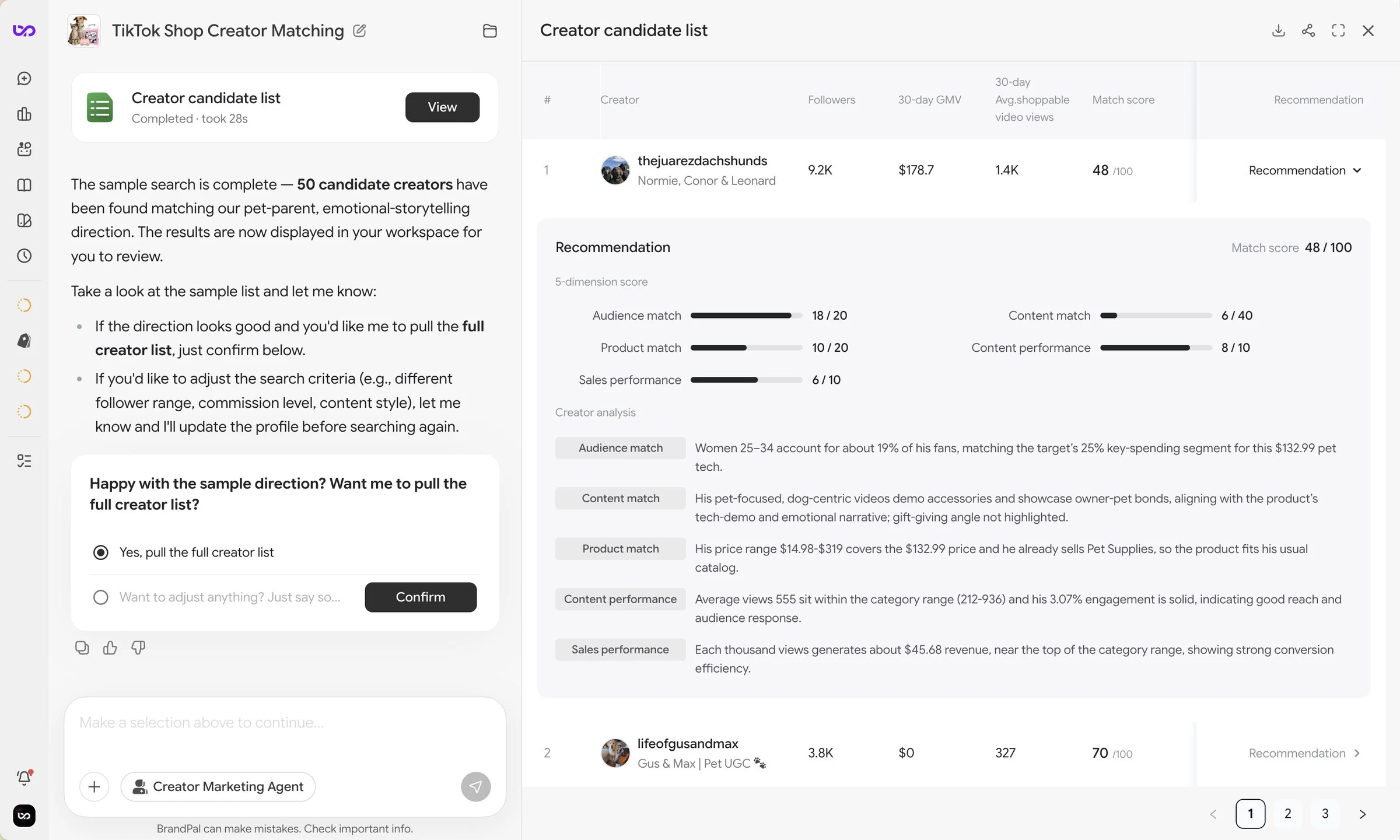 Creator candidate list with expanded recommendation score and creator analysis