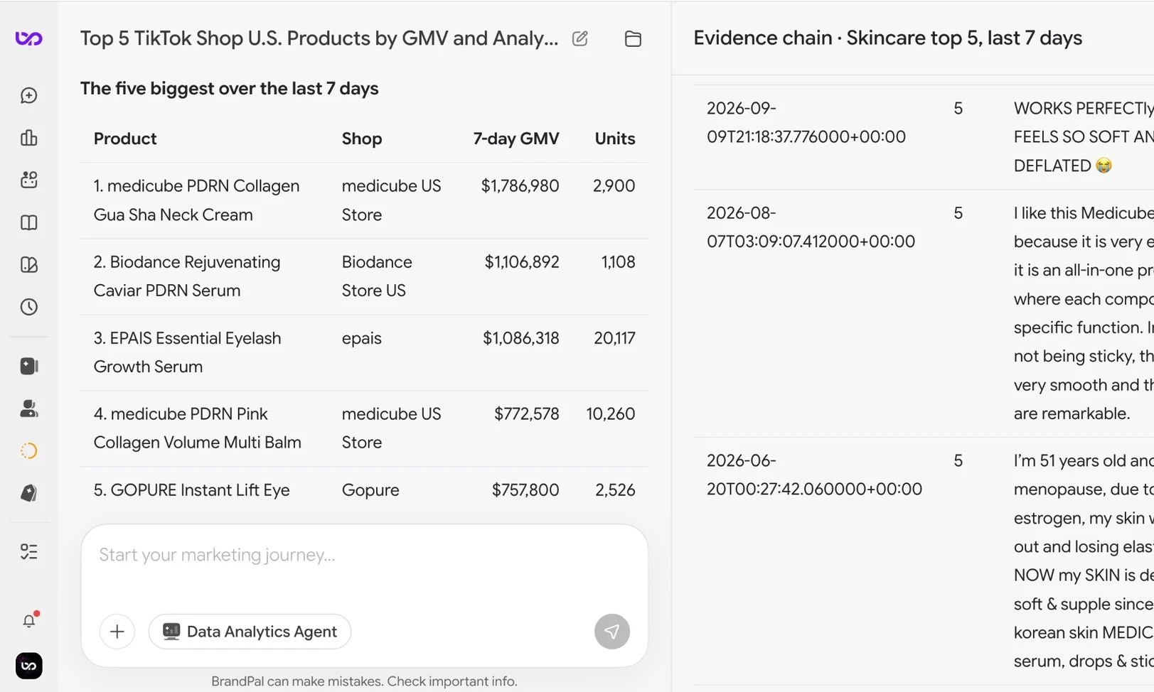 BrandPal U.S. skincare product analysis with GMV rankings and customer review evidence