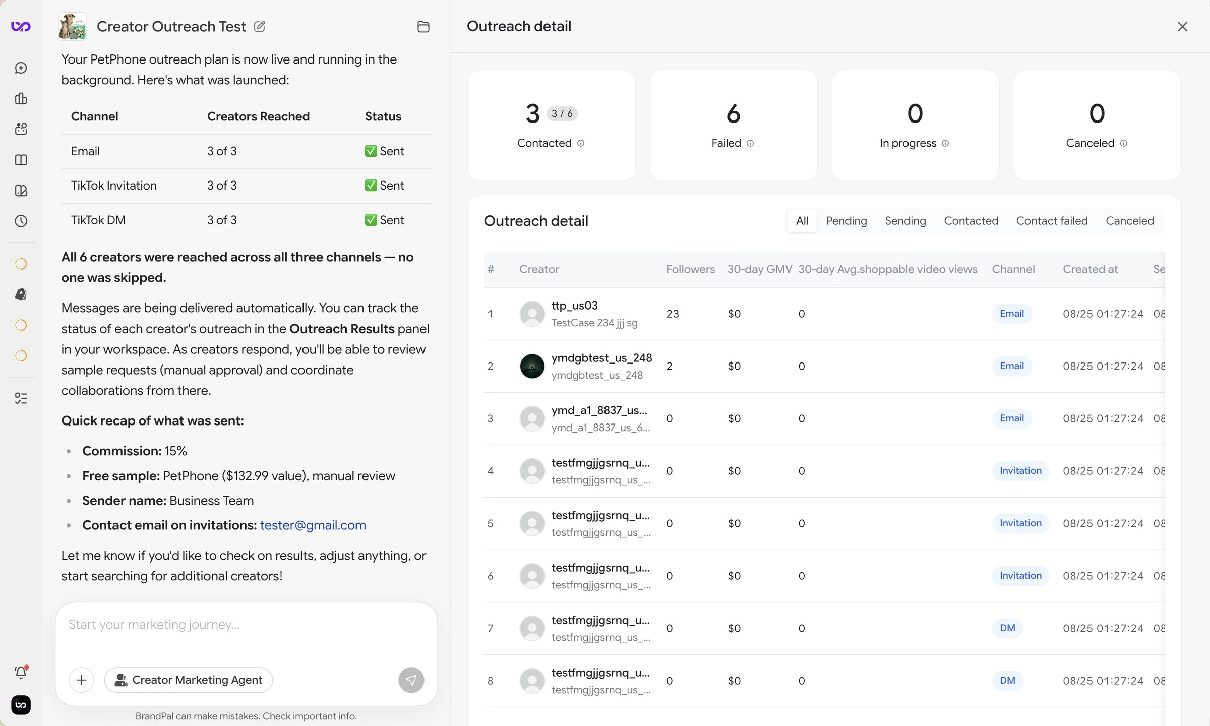 Complete BrandPal Creator Outreach Test workspace and outreach detail dashboard