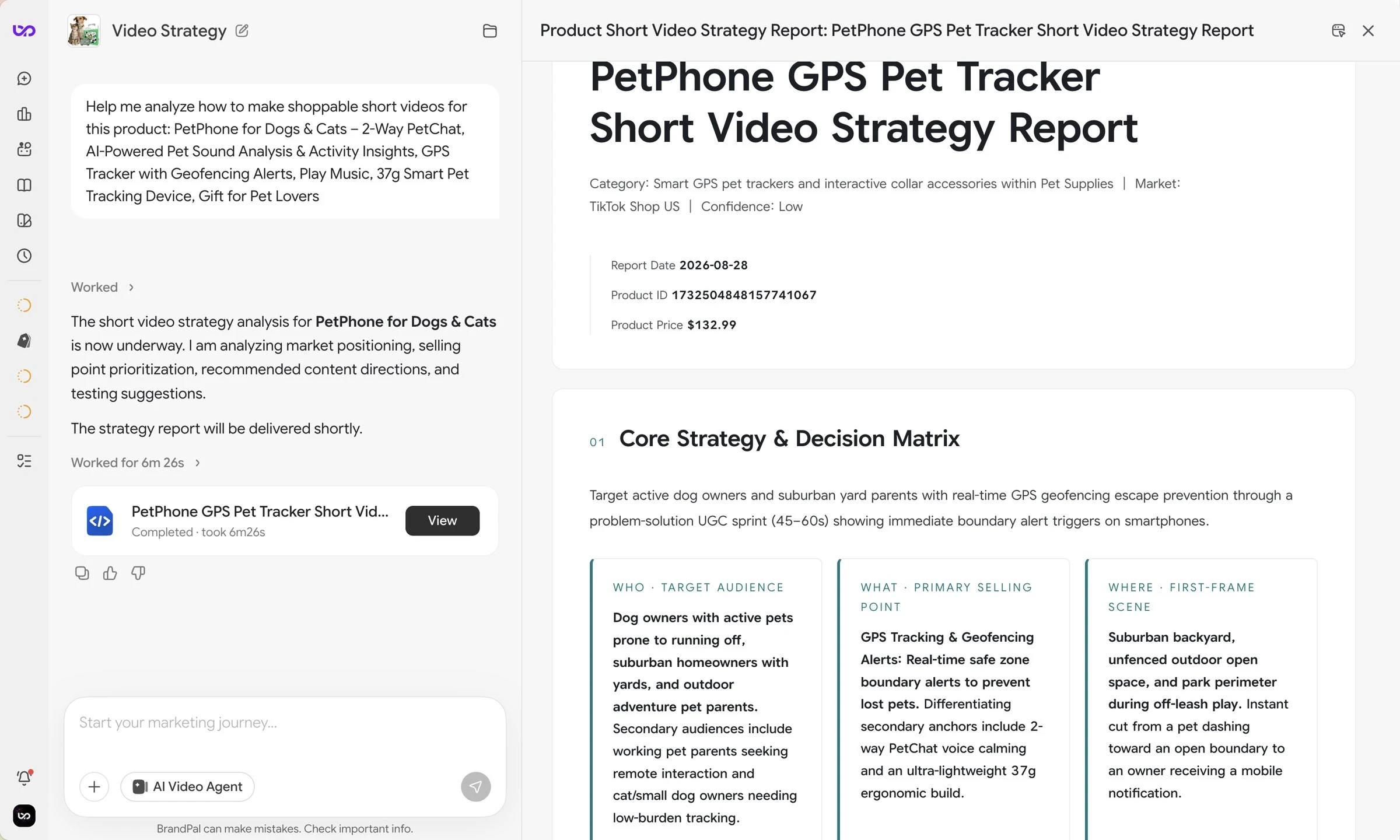 BrandPal AI Video Agent workspace showing the D-POW AI video strategy report