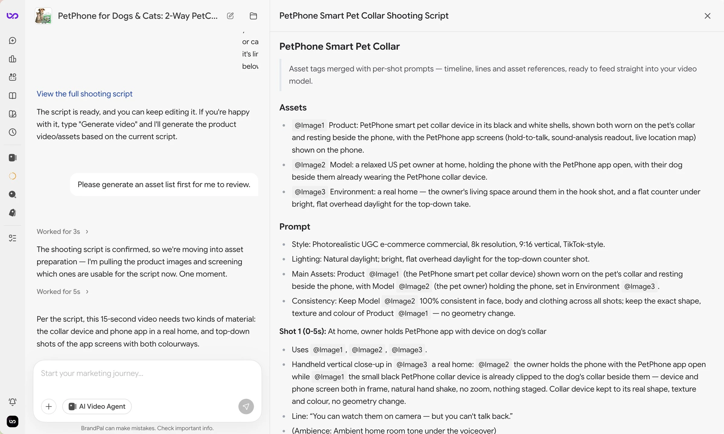 D-POW shooting script with asset tags and per-shot prompts