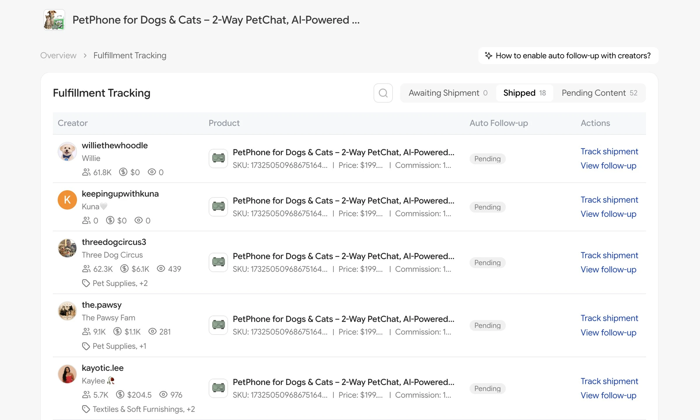 Complete PetPhone fulfillment tracking workspace with awaiting-shipment creators and follow-up actions