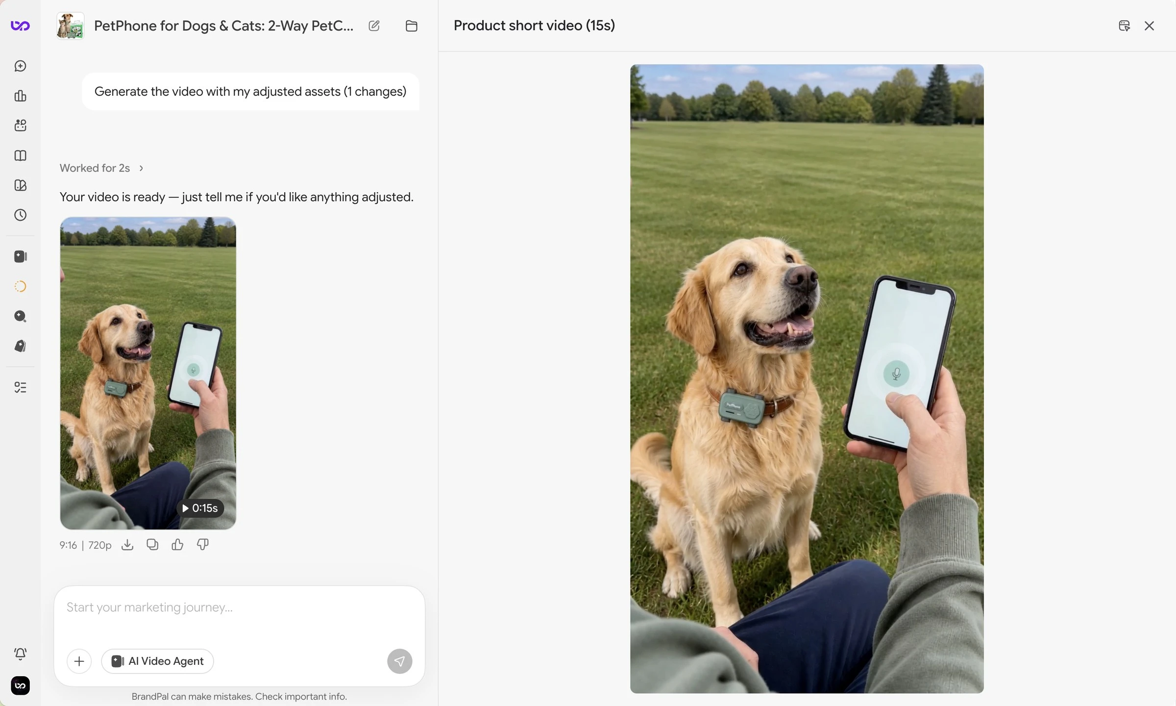 PetPhone AI video generation result with creator and dog product video